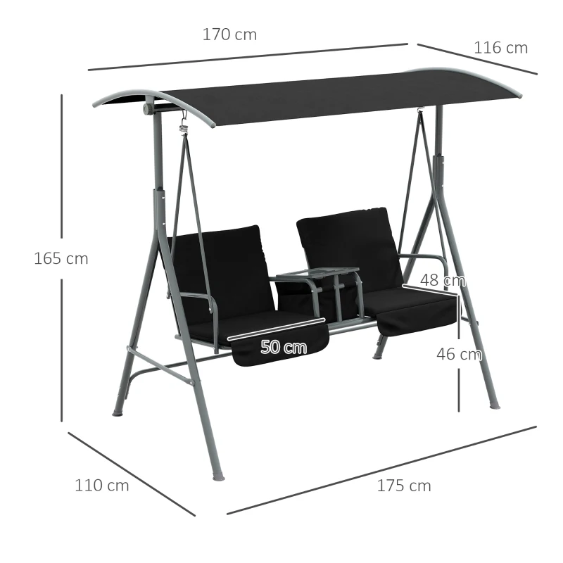 Best 2 Seater Garden Swing Chair Patio Rocking Bench w/ Tilting Canopy, Double Padded Seats, Storage Bag and Tray, Black - Image 3