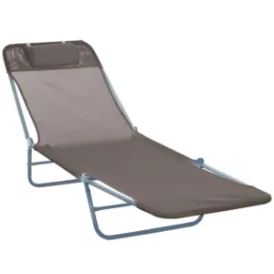 Best Outdoor Foldable Sun Lounger, Adjustable Backrest Garden Recliner Sun Lounger Chair with Headrest Pillow, Coffee