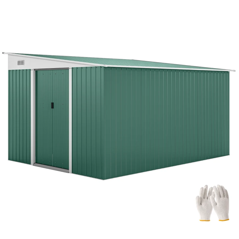 Best Garden Metal Storage Shed Outdoor Metal Tool House with Double Sliding Doors and 2 Air Vents, 11.3x9.2ft, Green