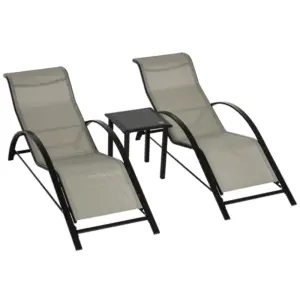 Best 3 Pieces Sun Lounger Chair Set, Metal Frame Garden Outdoor Sunbathing Chair with Side Table and Armrest, Grey