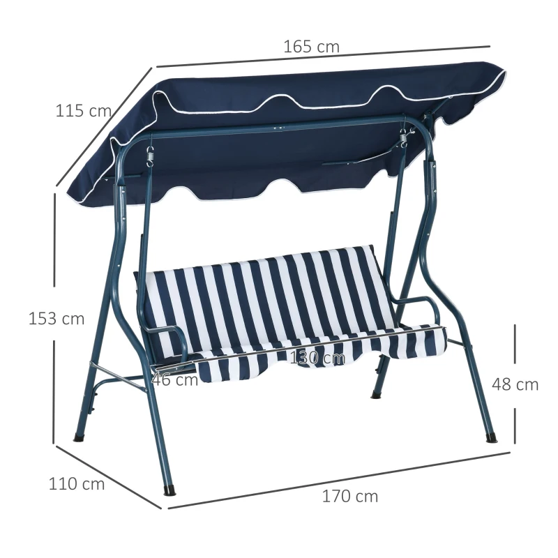 Best 3 Seater Garden Swing Seat Chair Outdoor Bench with Adjustable Canopy and Metal Frame, Blue Stripes - Image 3