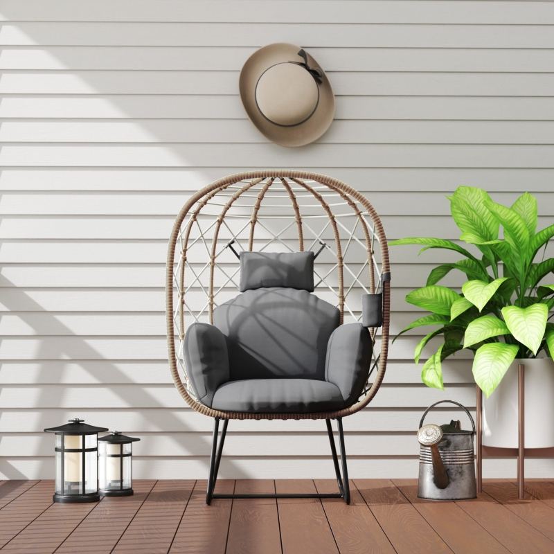 Best Rattan Egg Chair Outdoor Indoor Wicker Chair with Thickened Cushion and Headrest, Standing Garden Egg Chair with Cup Holder, Metal Frame for Patio, Balcony, Brown - Image 9