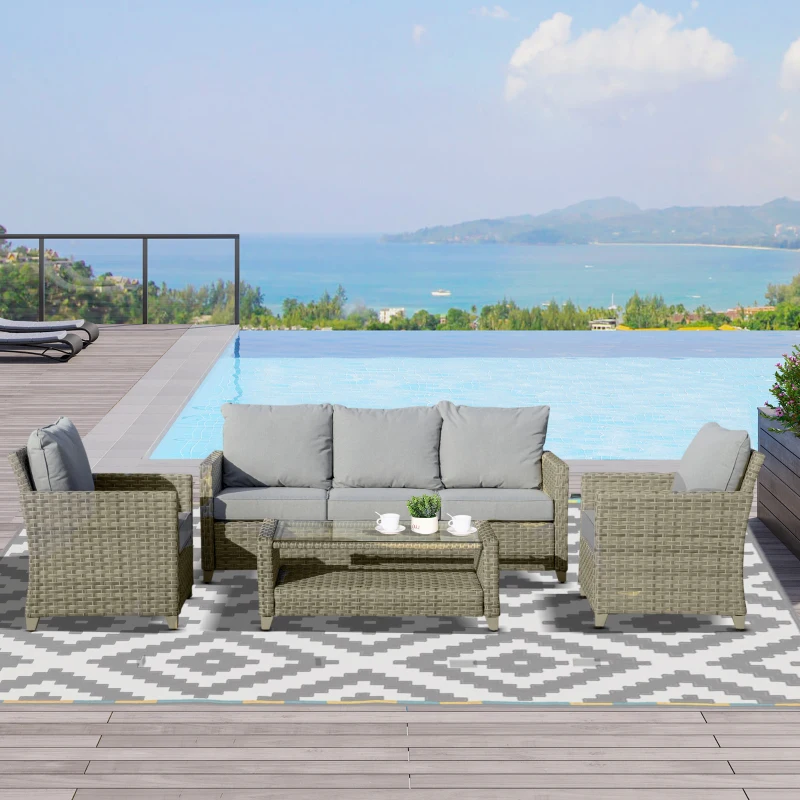 Best 4 Pieces Patio Wicker Sofa Set, Outdoor PE Rattan Sectional Conversation Aluminium Frame Furniture Set w/ Padded Cushion & 2-Tier Tea Table, Brown - Image 2