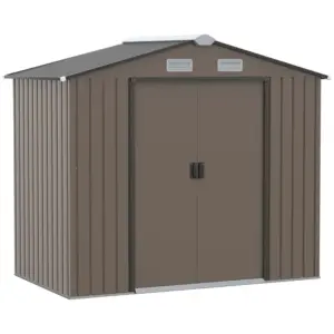 Best 7 x 4ft Metal Garden Shed, Outdoor Storage Tool House with Ventilation Slots, Foundation Kit and Lockable Double Doors, Brown
