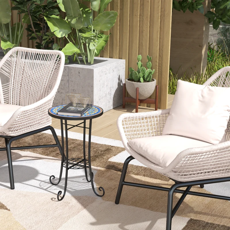 Best Mosaic Garden Table, 35.5 cm Round Outdoor Table with Shelf, Ceramic Tile Top, Small Garden Side Table Bistro Table End Table Plant Stand for Indoor, Patio, Balcony, Blue - Image 2