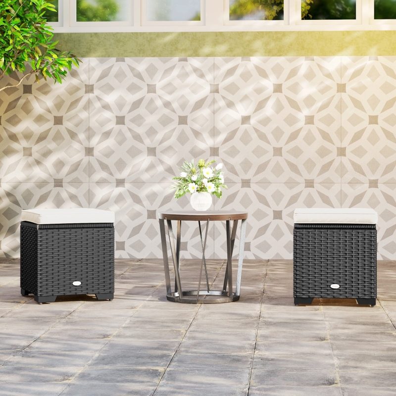 Best Set of 2 Rattan Storage Ottoman, Outdoor Footstool with Removable Cushions, Garden Storage Seat for Balcony, Poolside, Living Room, Cream - Image 10