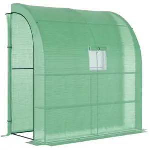 Best Walk-In Lean to Wall Greenhouse with Windows and Doors, Outdoor Green House with 3 Tiers 4 Wired Shelves, 200L x 100W x 215Hcm, Green