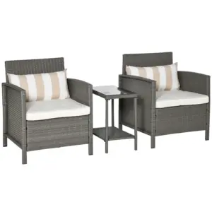 Best 3 Pieces Rattan Bistro Set, Wicker Garden Furniture Set, Glass Top 2-tier Coffee Table and Chairs Set with Pillows and Washable Cushions for Outdoor, Patio, Balcony, Light Grey