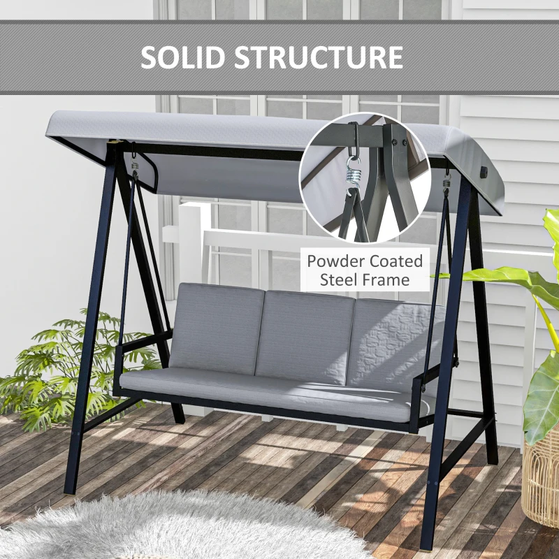 Best Three-Seat Garden Swing Chair, with Adjustable Canopy - Grey - Image 4