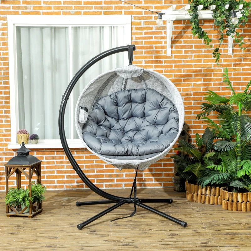 Best Hanging Egg Chair Outdoor Indoor Garden Swing Chair with Folding Basket, Garden Hanging Chair with Stand, Thickened Cushion, Cup Holder for Patio, Balcony, Grey - Image 8