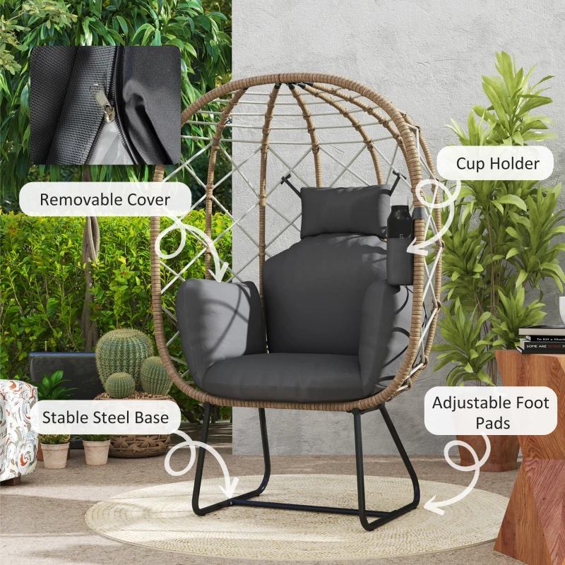 Best Rattan Egg Chair Outdoor Indoor Wicker Chair with Thickened Cushion and Headrest, Standing Garden Egg Chair with Cup Holder, Metal Frame for Patio, Balcony, Brown - Image 7