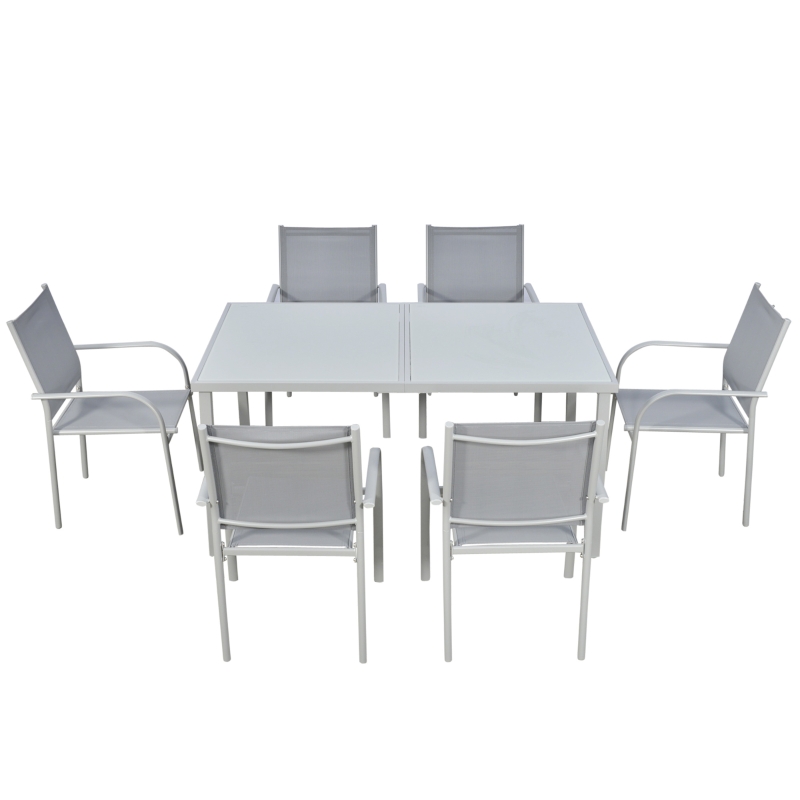 Best 7 Piece Garden Dining Set, Outdoor Table and 6 Stackable Chairs, Steel Frame, Tempered Glass Top Table, Mesh Seats, Grey - Image 11