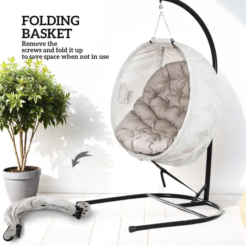 Best Hanging Egg Chair Outdoor Indoor Garden Swing Chair with Folding Basket, Garden Hanging Chair with Stand, Thickened Cushion, Cup Holder for Patio, Balcony, Sand Brown - Image 6