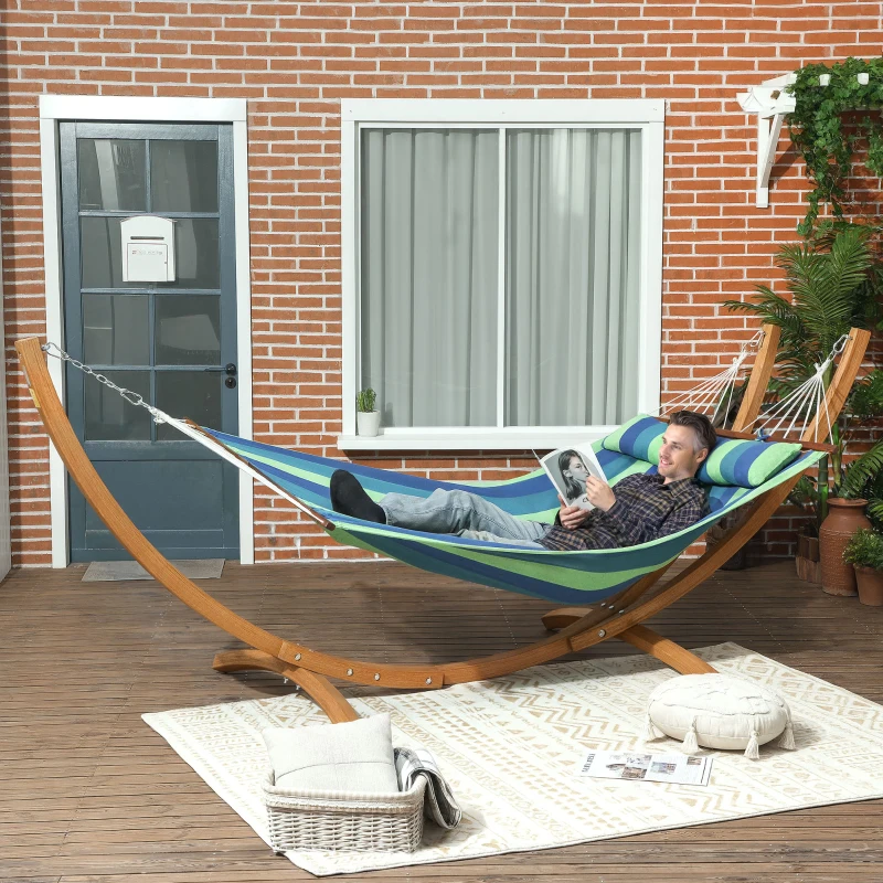 Best Outdoor Hammock with Stand, Garden Hammock with Triple-Head Eucalyptus Wood Arc Frame, 1 Person Cotton Bed and Head Pillow, Freestanding Garden Swing Bed for Patio, Blue Stripe - Image 2