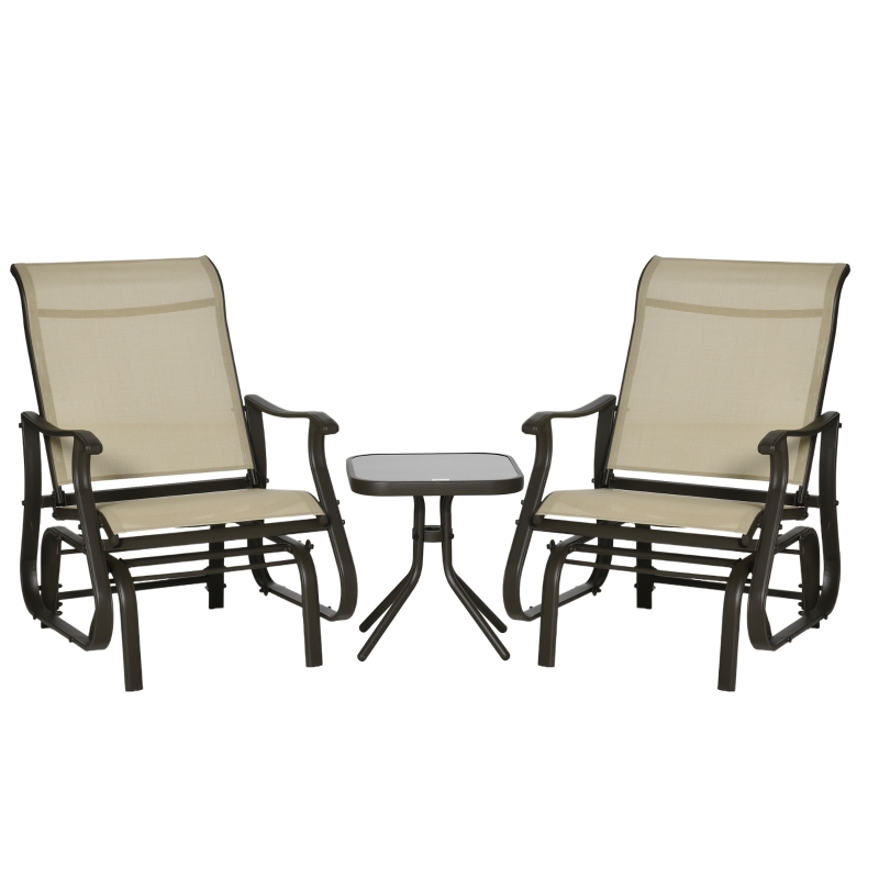 Best Set of 3 Gliding Chair & Tea Table Set, Outdoor Rocker Set with 2 Armchairs, Tempered Glass Tabletop, Khaki - Image 11