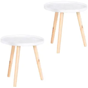 Best Coffee Table, Carved Floral Round Table with Tray-style Top and Wood Legs, Modern Side Table for Living Room, Set of 2, White