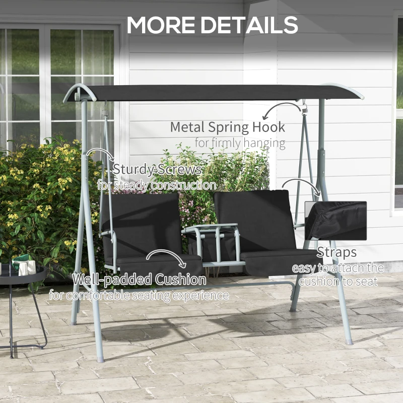 Best 2 Seater Garden Swing Chair Patio Rocking Bench w/ Tilting Canopy, Double Padded Seats, Storage Bag and Tray, Black - Image 6