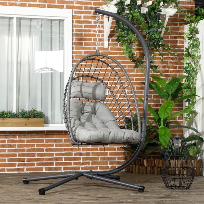 Best Outdoor PE Rattan Swing Chair with Foldable Basket and Cushion, Garden Patio Hanging Egg Chair with Metal Stand, Headrest for Indoor and Outdoor, Light Grey - Image 10