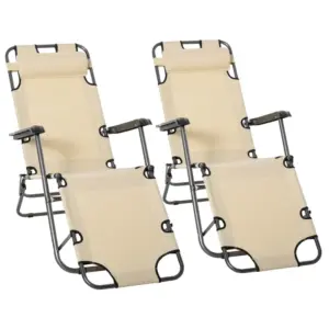 Best 2 Pieces 2 in 1 Sun Lounger Folding Reclining Chair Garden Outdoor Camping Adjustable Back with Pillow, Beige