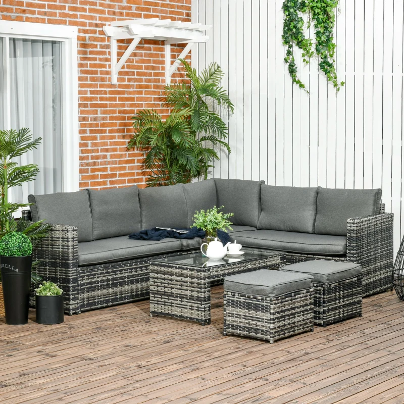 Best 6 Piece Rattan Garden Furniture Set, 8-Seater Outdoor Sofa Sectional with 3 Cushioned Loveseat 2 Footstools Table Grey - Image 2
