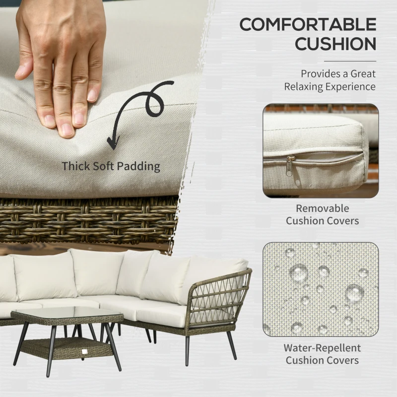 Best 5 Pieces Outdoor Rattan Corner Sofa, Round and Twin Half-round Wicker Woven Rattan Garden Furniture w/ Thick Padded Cushions and Tempered Glass Top Two-tier Table, Grey - Image 5