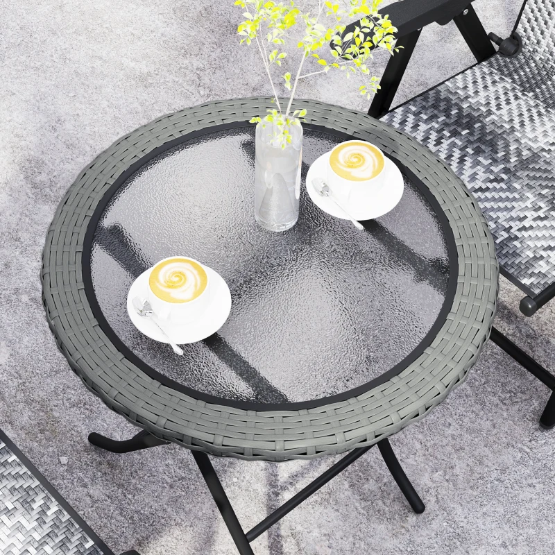 Best Folding Rattan Garden Dining Table, 68 cm Round Rattan Garden Table with Water Ripple Tempered Glass Top, Wicker Edging and Steel Frame for Outdoor, Patio, Grey - Image 8