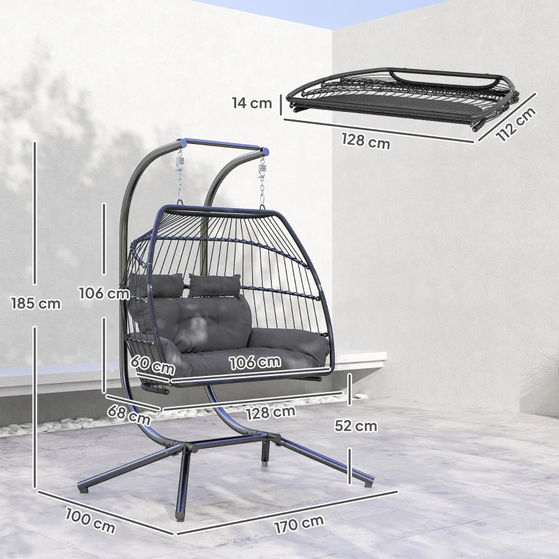 Best Rattan Double Hanging Egg Chair with Stand, Foldable Wicker Swing Egg Chair with Cushion, Head Pillows, Steel Frame, Hammock Chair for Indoor Outdoor, Capacity 260 kg, Dark Grey - Image 3