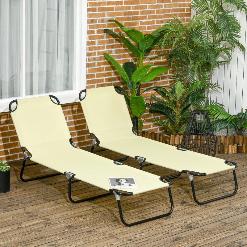 Best Set of Two Metal Frame Folding Sun Loungers - Beige - Image 2