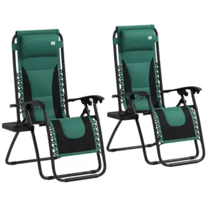 Best Zero Gravity Lounger Chair Set of 2, Folding Reclining Patio Chair with Padded Seat, Cup Holder, Soft Cushion and Headrest for Poolside, Camping, Green
