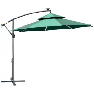 Best 3(m) Cantilever Banana Parasol Hanging Umbrella with Double Roof, LED Solar lights, Crank, 8 Sturdy Ribs and Cross Base for Outdoor, Garden, Patio, Green