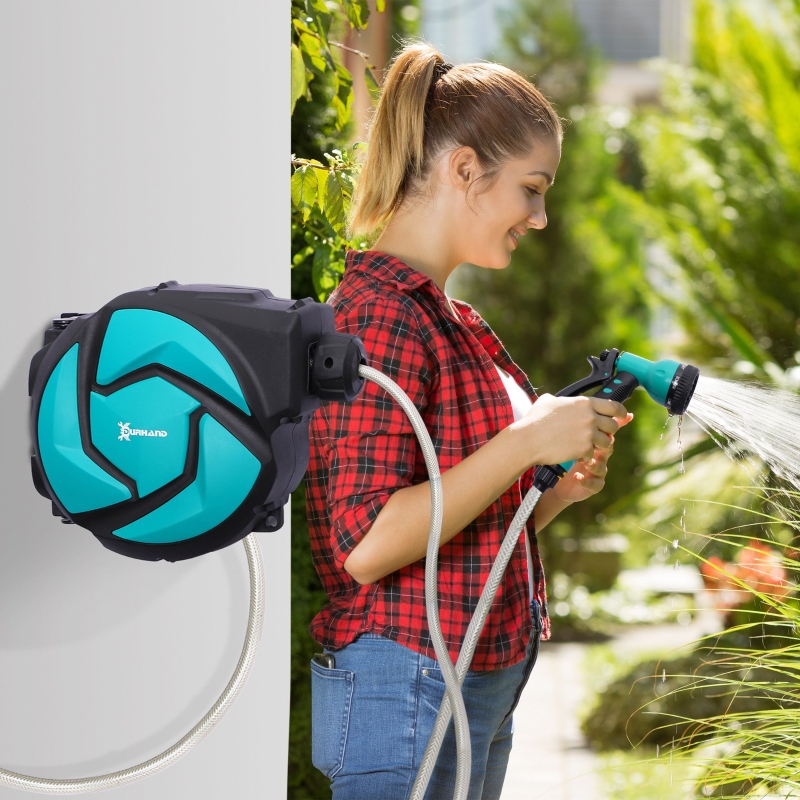 DURHAND 10m Garden Auto Hose Reel Wall Mounted Retractable 7 Patterns Spray Nozzle - Image 14