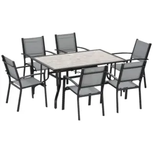 Best 7 Pieces Garden Dining Set, 6 Seater Garden Table and Chairs with Parasol Hole, Outdoor Furniture Armchairs and Stone-like Plastic Top Table with Breathable Mesh Fabric Seat, Grey