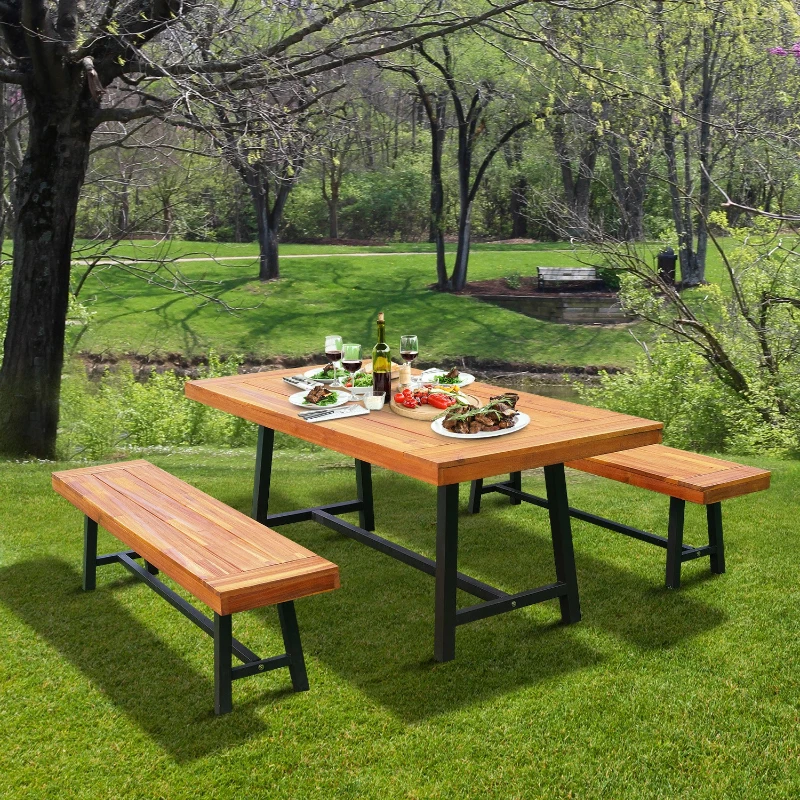 Best Garden 3 Pieces Acacia Wood Picnic Table and 2 Benches Set Dining Trestle Beer Table Patio Outdoor Indoor Furniture - Image 7