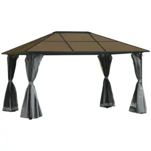 Best 3 x 4m Hardtop Gazebo Canopy with Polycarbonate Roof, Aluminium Frame, Permanent Pavilion Garden Gazebo with Netting and Curtains - Grey