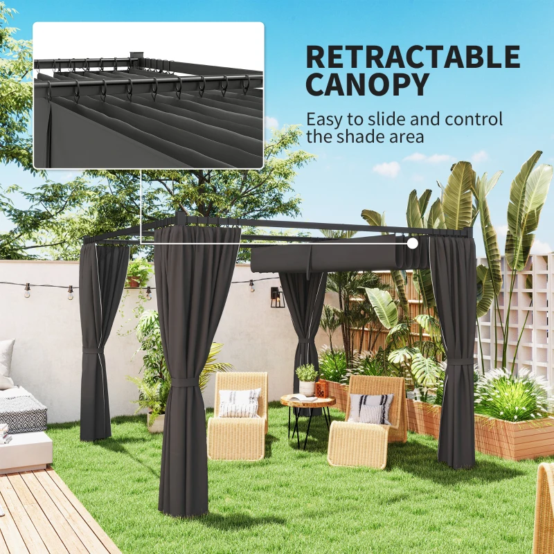 Best 3 x 3(m) Retractable Pergola, Garden Gazebo Shelter with Curtains, for Grill, Patio, Deck, Charcoal Grey - Image 4