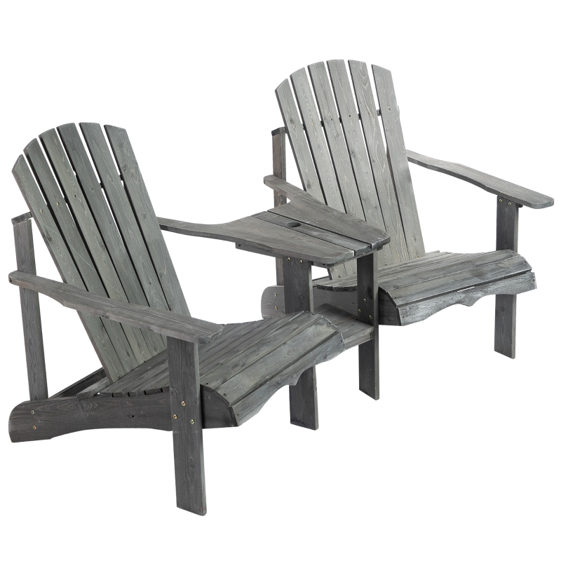 Best Wooden Outdoor Double Adirondack Chairs Loveseat w/ Centre Table and Umbrella Hole, Garden Patio Furniture for Lounging and Relaxing, Grey - Image 15