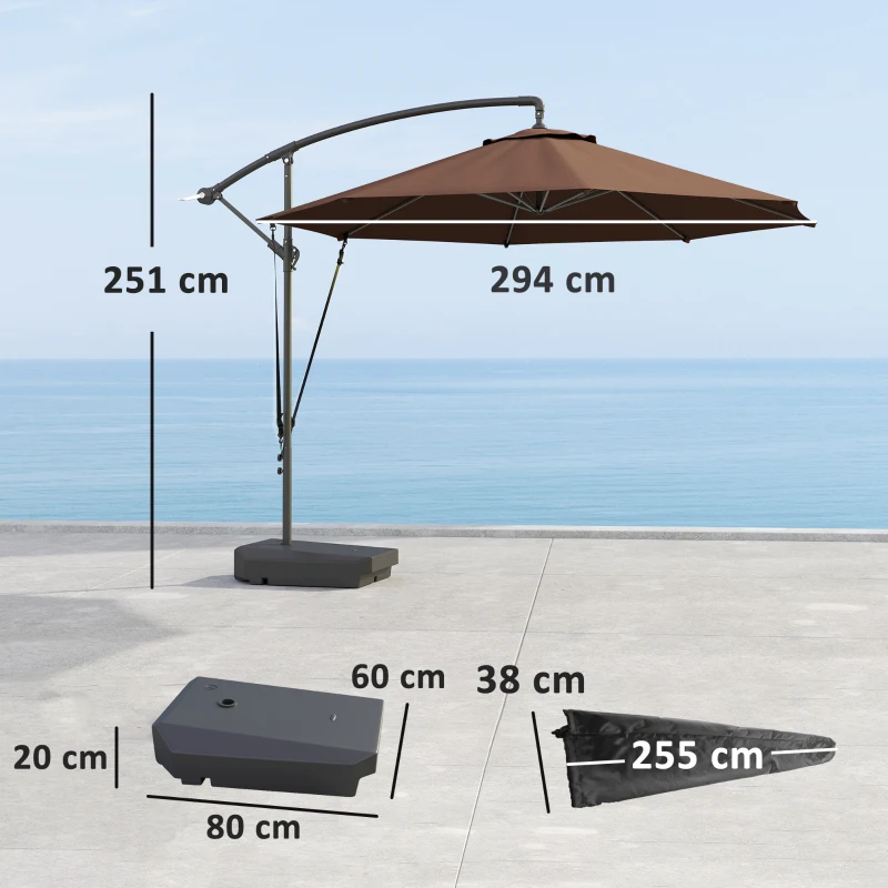 Best 3(m) Garden Cantilever Parasol with Fillable Base, Wind Protection Strap, Cover, Round Banana Hanging Umbrella with Crank Handle and Tilt, Patio Umbrella for Outdoor Sun Shade, UPF50+, Brown - Image 3