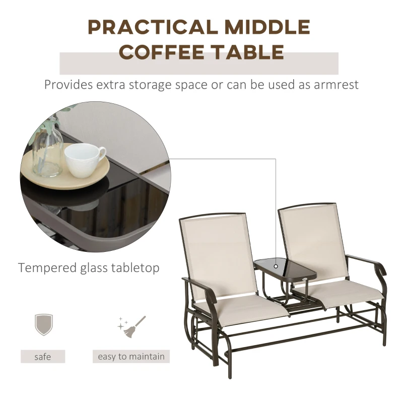 Best 2 Seats Garden Glider Bench, Metal Frame Loveseat with Glass Top Centre Table, Porch Rocking Glider for 2 Person, for Deck, Patio, Brown/ Khaki - Image 4