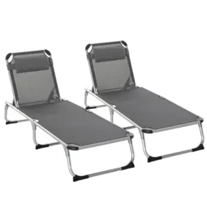 Best 2 Pieces Foldable Outdoor Sun Lounger with Pillow, 5-Level Adjustable Reclining Lounge Chair, Aluminium Frame Camping Bed Cot, Grey