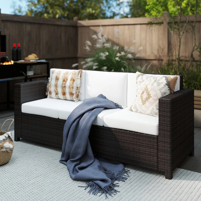 Best 3 Seater Rattan Sofa, All-Weather Wicker Weave Metal Frame Chair with Fire Resistant Cushion, Brown - Image 2