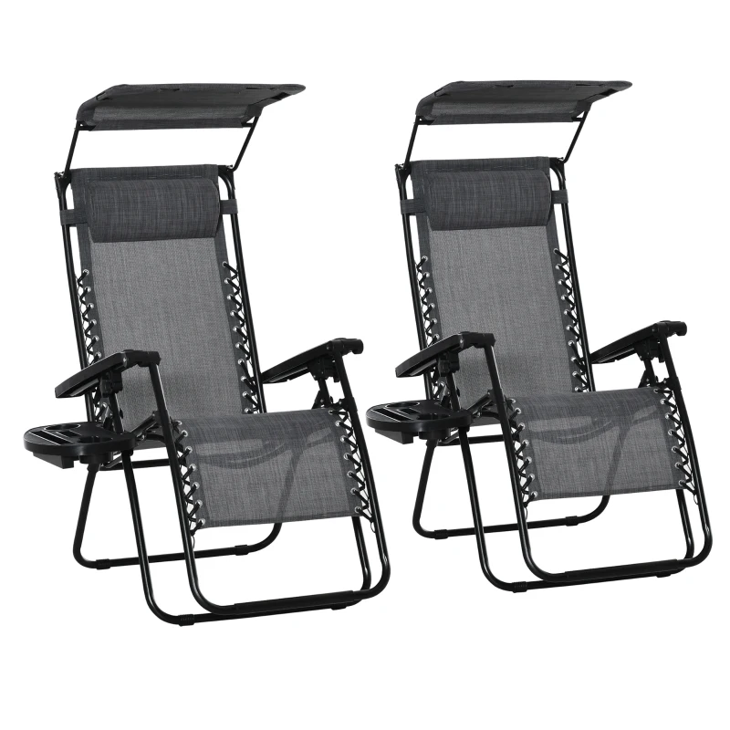 Best 2 Piece Foldable Reclining Garden Chair with Headrest, Zero Gravity Deck Sun Lounger Seat Chair with Footrest, Armrest, Cup Holder & Canopy Shade, Light Grey