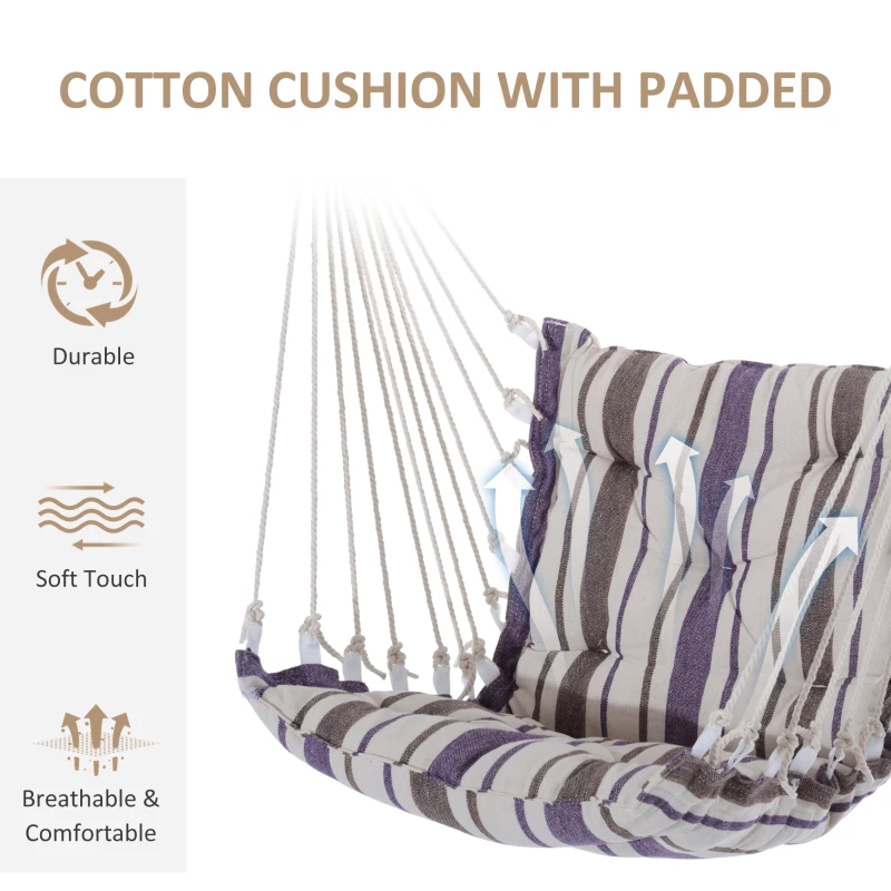 Best Outdoor Hanging Rope Chair with Soft Padded Seat & Backrest, Garden Hammock Chair with Wooden Support Bar Cotton Cloth, Portable Garden Chair for Patio & Tree, Brown - Image 5