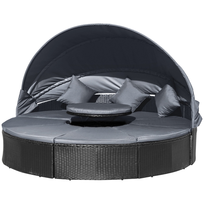 Best 4 Pieces PE Rattan Garden Daybed Set, Outdoor Wicker Cushioned Round Sofa Bed Conversation Furniture with Coffee Table & Canopy, Black - Image 11