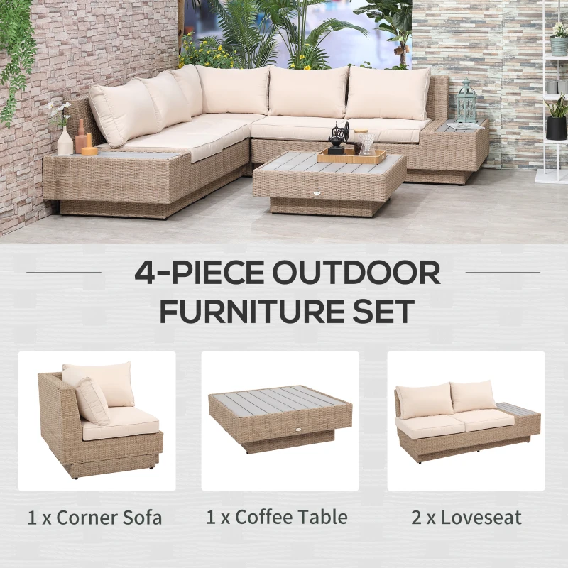 Best 4 Pieces Rattan Garden Furniture Set, Garden Corner Sofa with Side Trays, Wicker Conservatory Furniture Set with Loveseats, Slatted Plastic Top Coffee Table and Cushions, Beige - Image 6