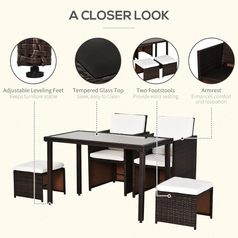 Best 2 Seater Rattan Cube Garden Furniture Set, Rattan Dining Set with Cushions, Outdoor Dining Table and Chairs with 2 Armchairs, 2 Stools, Rectangular Glass Top Table for Patio, Balcony, Brown - Image 6