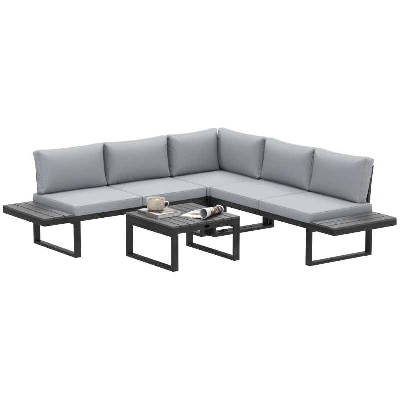 Best 4 Pieces Garden Furniture Set, 5-Level Reclining Garden Corner Sofa Set, Outdoor Lounge Conversation Sectional with Cushions, Wood Effect Plastic Table, Black Frame & Light Grey Cushion
