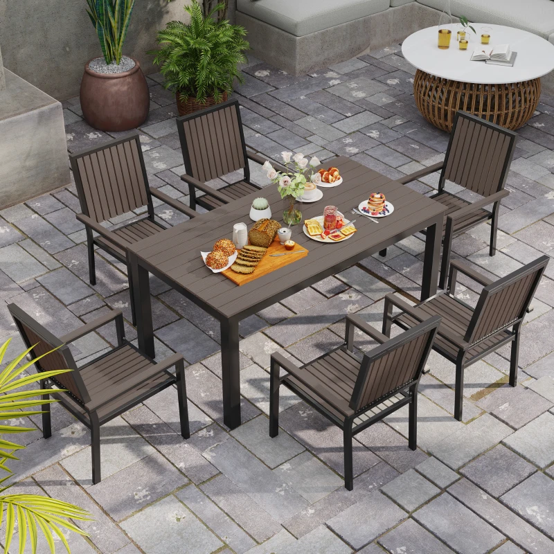 Best 6 Seater Garden Dining Set with Stackable Chairs, Aluminium Frame, Rectangular Plastic Top, Garden Furniture Set, Outdoor Dining Table and Chairs for Patio, Balcony, Poolside, Brown - Image 7