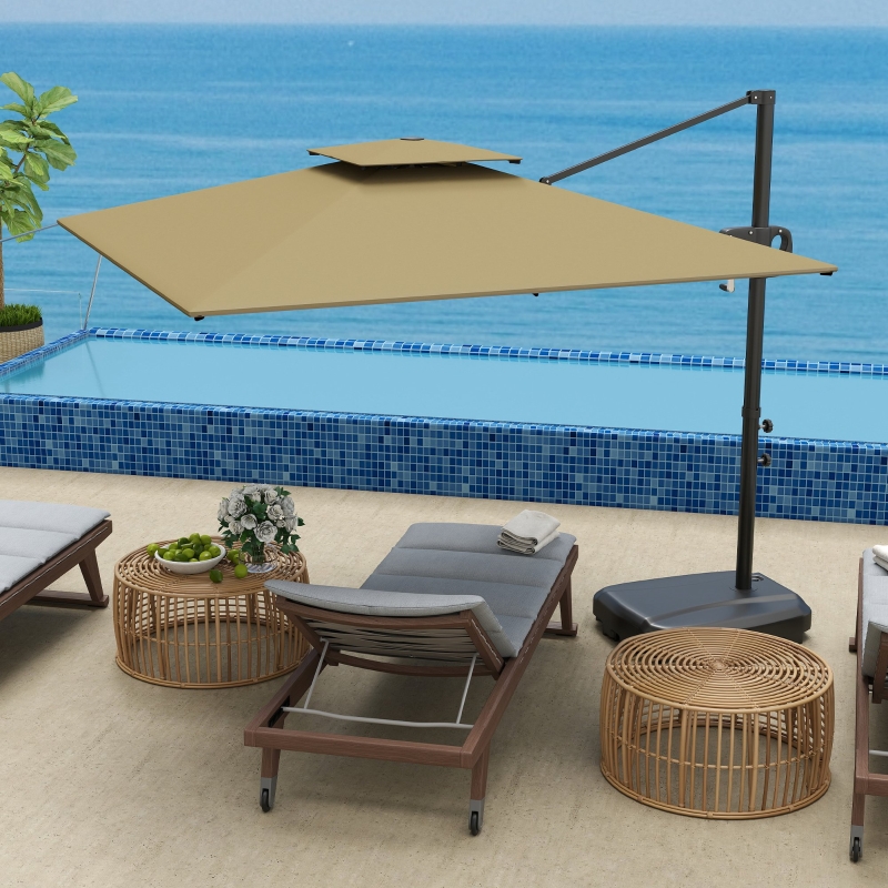 Best Cantilever Parasol with Weighted Base Double Top Garden Parasol Square Hanging Patio Umbrella with Crank Tilt Khaki - Image 10