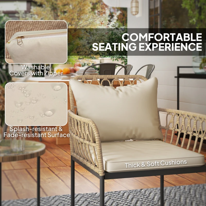 Best 3 Piece Rattan Bistro Set, Wicker Garden Furniture Set with Cushions, Glass Top Coffee Table and Chairs for Outdoor, Patio, Balcony, Beige - Image 5