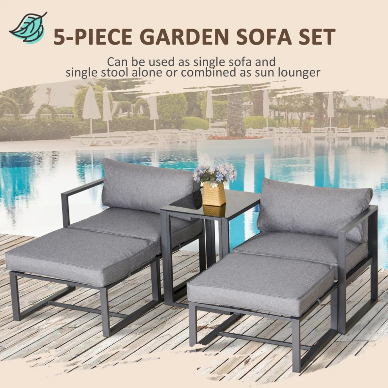 Best 5 Piece Garden Aluminium Conversation Sofa Set Patio Furniture Set Outdoor 2 Sofas 2 Footstools End Table with Cushions - Image 5